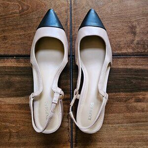 EXPRESS, Classic, elegant tan and black cap toed pointed block heels